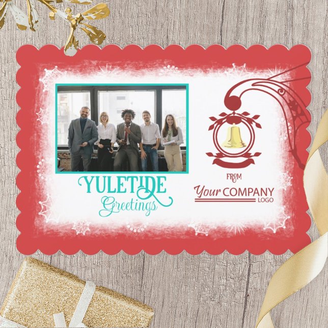 Red Logo, Gold Bell Company Christmas Photo Holiday Card (red company logo company Christmas card with gold bell, company photo, turquoise script writing)
