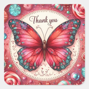 Red Lollipop Candy Butterfly - Thank you - Square Sticker