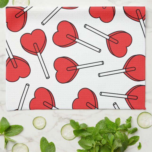 Red Lollipops, Heart Lollipops, Lollipop Pattern Tea Towel (Folded)