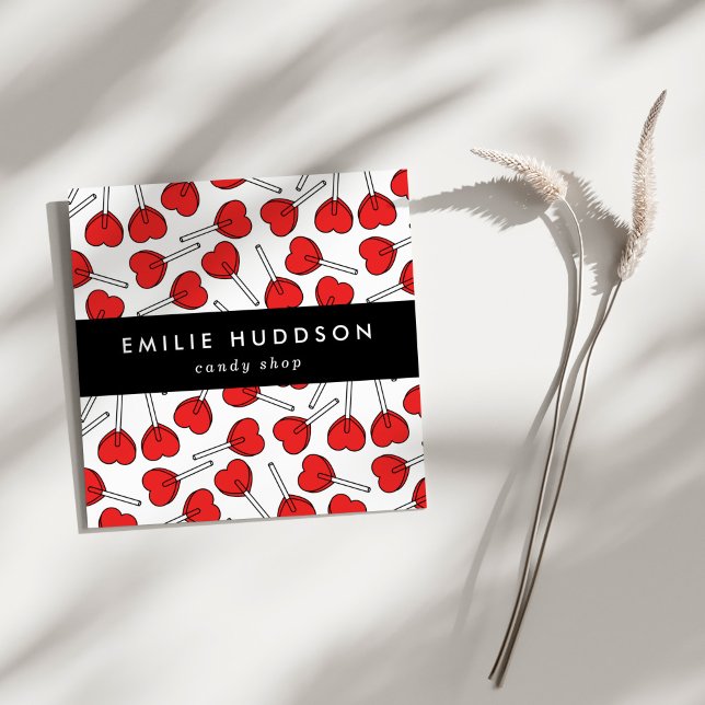 Red Lollipops, Heart Lollipops, Lolly, Candy Shop Square Business Card (Creator Uploaded)