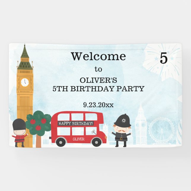 Red London Bus & Clock Tower Kids Birthday Party Banner (Horizontal)