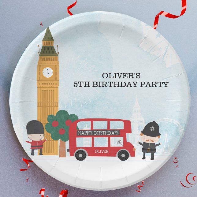 Red London Bus & Clock Tower Kids Birthday Party Paper Plate (Creator Uploaded)