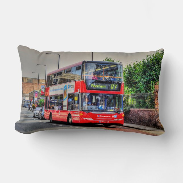 Red London Bus Street Scene Artwork III Lumbar Cushion (Front)
