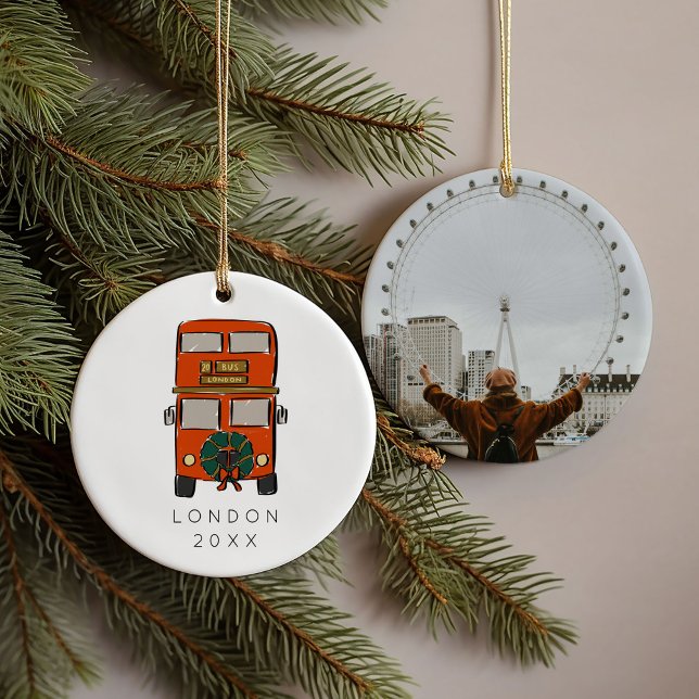 Red London Double Decker Bus Christmas Photo  Ceramic Ornament (Red London Double Decker Bus Christmas Photo Ceramic Ornament)