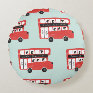 Red London Double Decker Bus Seamless Pattern vint Round Cushion