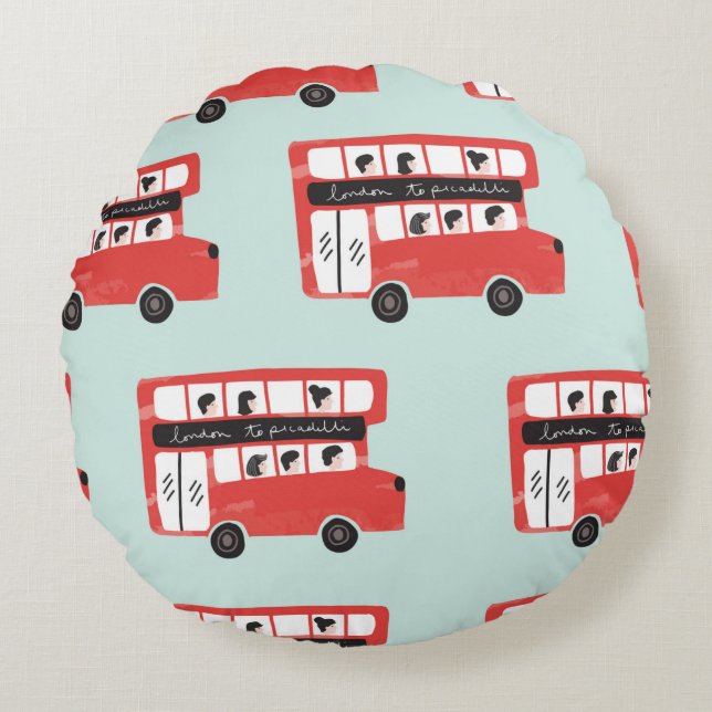 Red London Double Decker Bus Seamless Pattern vint Round Cushion (Front)