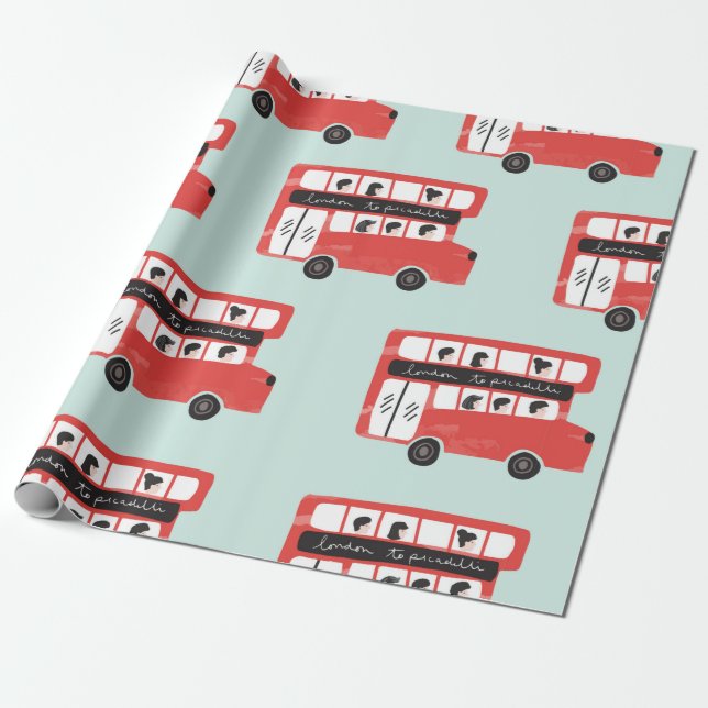 Red London Double Decker Bus Seamless Pattern vint Wrapping Paper (Unrolled)