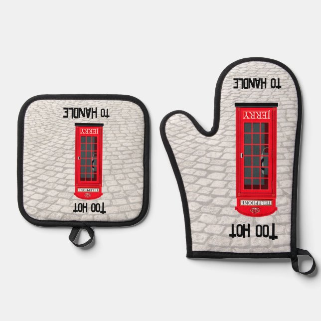 Red London Phone Booth with Custom Name & Caption Oven Mitt & Pot Holder Set (Front)