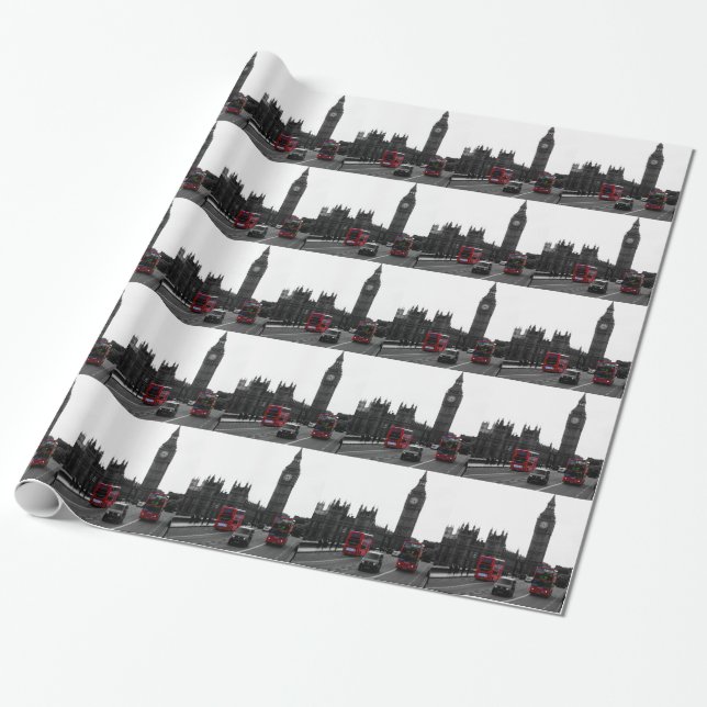 red London Tour bus and Big Ben Wrapping Paper (Unrolled)