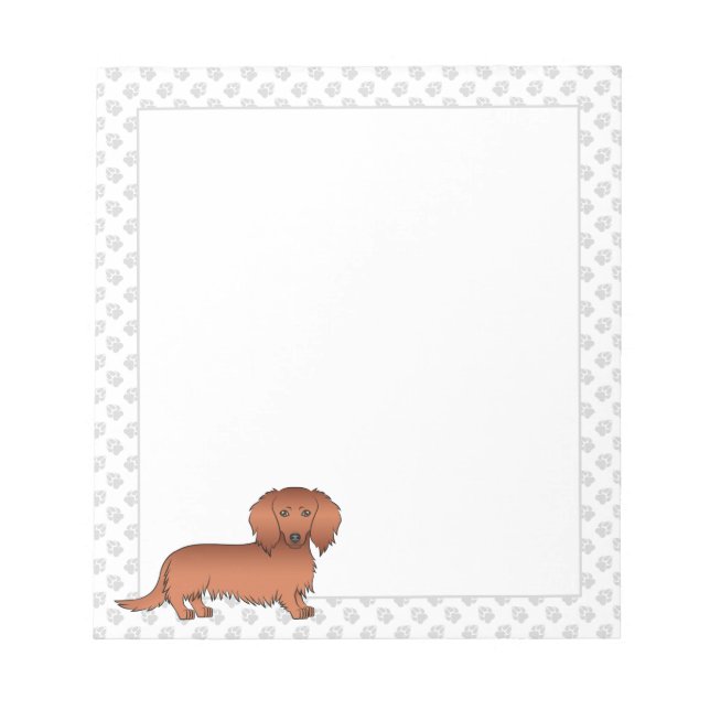 Red Long Hair Dachshund Cartoon Dog & Paws Notepad (Front)