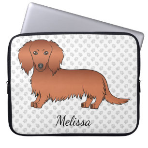 Red Long Hair Dachshund Cartoon Dog & Text Laptop Sleeve