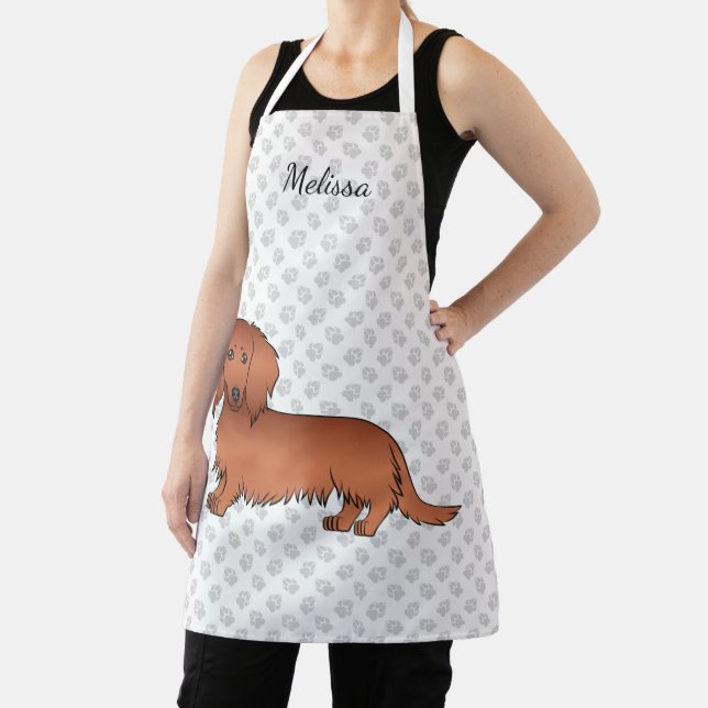 Red Long Hair Dachshund Cute Cartoon Dog & Name Apron (Insitu)