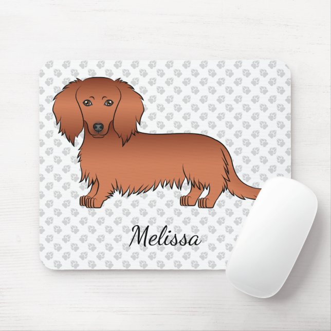 Red Long Hair Dachshund Cute Cartoon Dog & Name Mouse Pad (With Mouse)