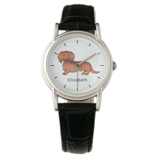 Red Long Hair Dachshund Cute Cartoon Dog & Name Watch (Front)