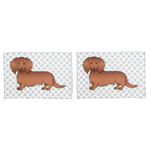 Red Long Hair Dachshund Cute Cartoon Dog & Paws Pillowcase