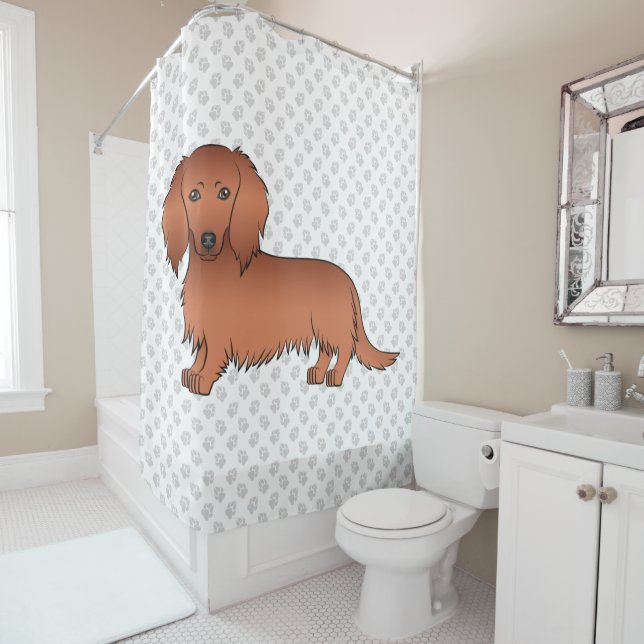 Red Long Hair Dachshund Cute Cartoon Dog & Paws Shower Curtain (In Situ)