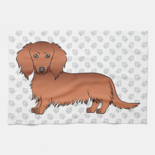 Red Long Hair Dachshund Cute Cartoon Dog & Paws Tea Towel