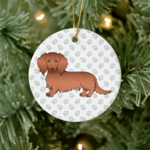 Red Long Hair Dachshund Cute Cartoon Dog & Text Ceramic Ornament