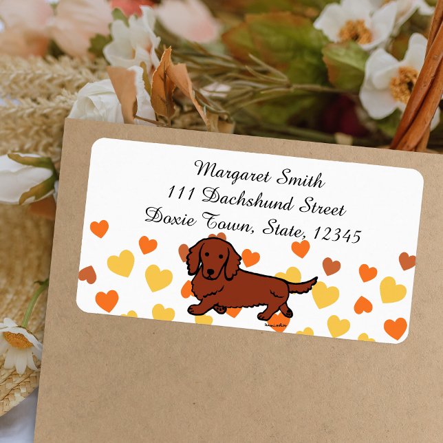 Red Long Haired Dachshund 1 Label (Red Long Haired Dachshund Return Address Label featuring Dachshund Walking.  Cute Cartoon Design.)