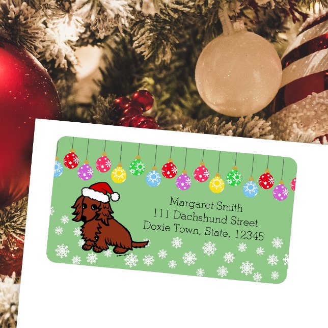 Red Long Haired Dachshund Christmas Cute Label (Red Long Haired Dachshund Cute Christmas Return Address Labels for Dachshund Owners.  Cute Cartoon.)