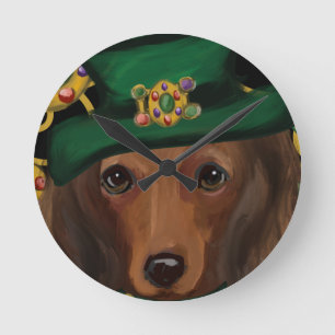Red Long Haired Dachshund   Round Clock