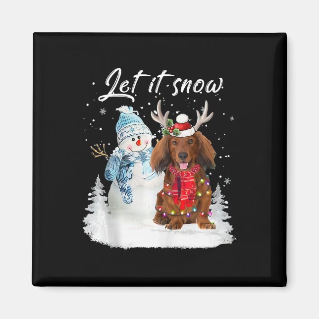 Red Long Haired Dachshund Santa Dog Christmas Snow Magnet (Front)