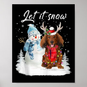 Red Long Haired Dachshund Santa Dog Christmas Snow Poster
