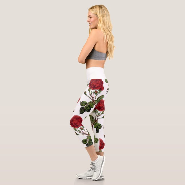 Red Long Stem Rose Pattern Capri Leggings (Left)