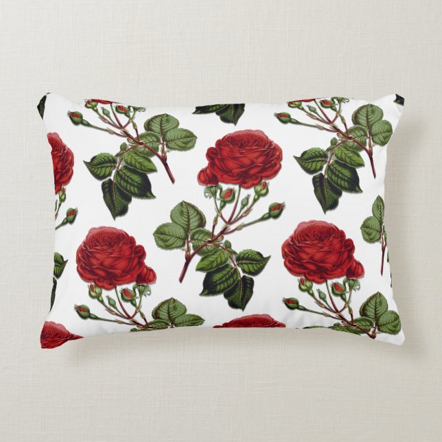 Red Long Stem Rose Pattern Decorative Cushion (Front)