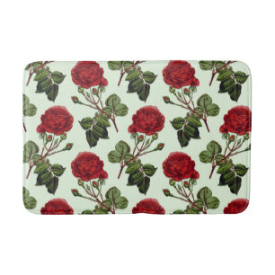 Red Long Stem Rose Pattern Green Background Bath Mat