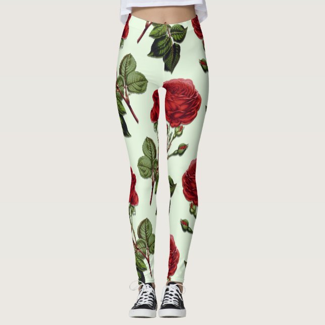 Red Long Stem Rose Pattern Green Background Leggings (Front)