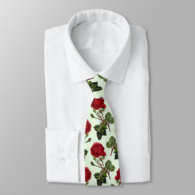 Red Long Stem Rose Pattern Green Background Tie (Tied)