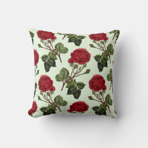 Red Long Stem Rose Pattern Mint  Green Back  Cushion
