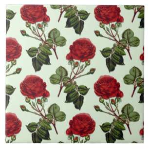 Red Long Stem Rose Pattern Mint Green Background Ceramic Tile