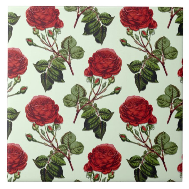 Red Long Stem Rose Pattern Mint Green Background Ceramic Tile (Front)
