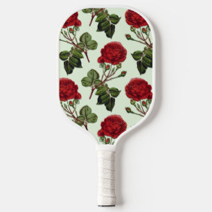 Red Long Stem Rose Pattern Mint Green Background Pickleball Paddle