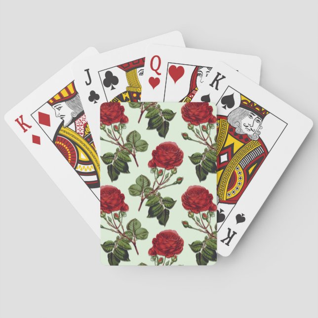 Red Long Stem Rose Pattern Mint Green Background Playing Cards (Back)