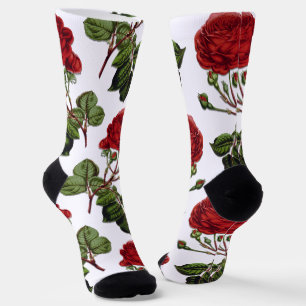 Red Long Stem Rose Pattern Socks