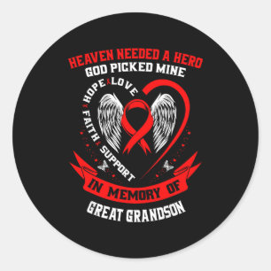Red Loss Of Great Grandson Heart Disease Awareness Classic Round Sticker