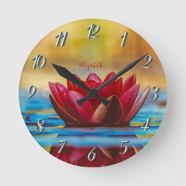 Red Lotus Flower Landscape, Zen    Round Clock (Front)