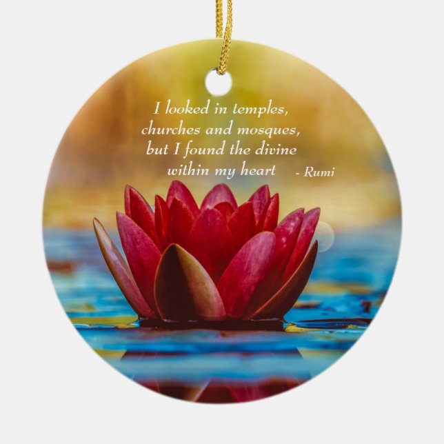 Red Lotus Flower on Blue Water Spiritual Quote Ceramic Ornament (Front)
