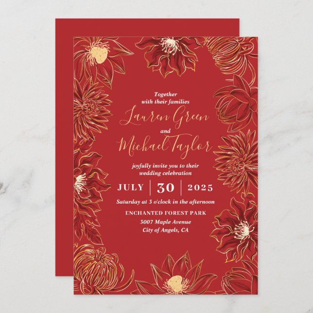 Red Lotus Flower Oriental Floral Wedding Invitation (Front/Back)