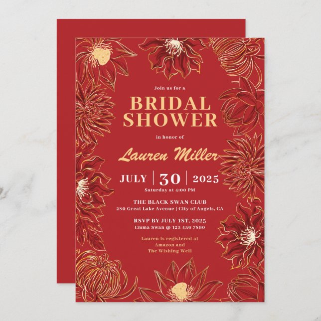 Red Lotus Flower Oriental Floral Wedding Invitation (Front/Back)