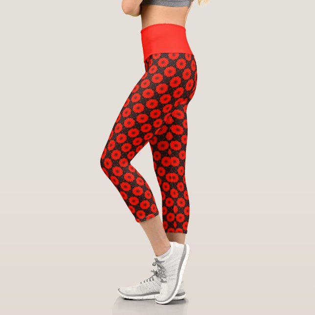 Red Lotus Tranquillity: Red Mandala on Brown Base Capri Leggings (Left)