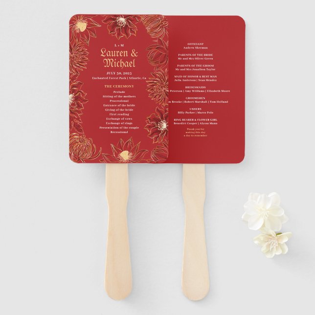 Red Lotus Waterlily Flower Oriental Floral Wedding Hand Fan (Front and Back)