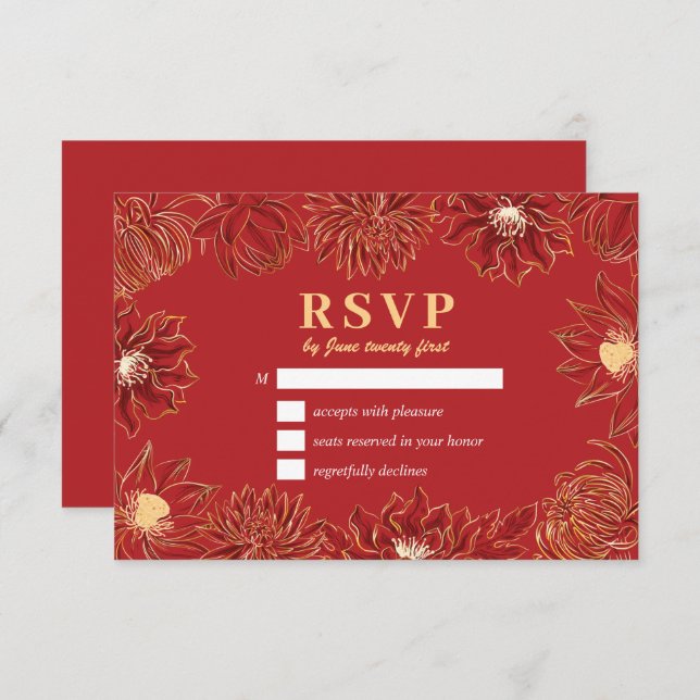 Red Lotus Waterlily Flower Oriental Floral Wedding RSVP Card (Front/Back)