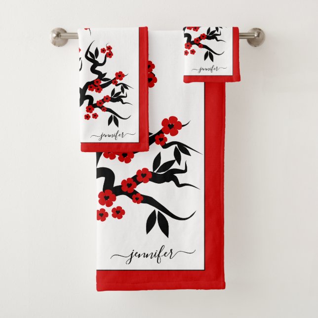 Red love birds cherry tree, blossoms red border bath towel set (Insitu)