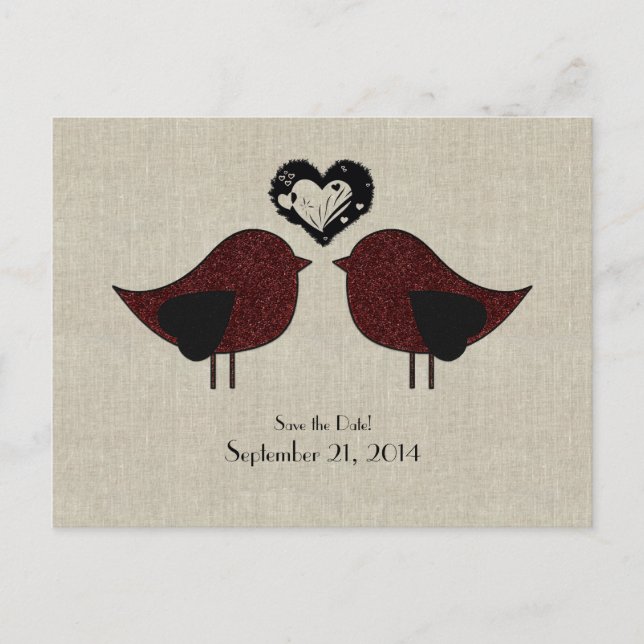 Red Love Birds Linen Look Save the Date Announcement Postcard (Front)