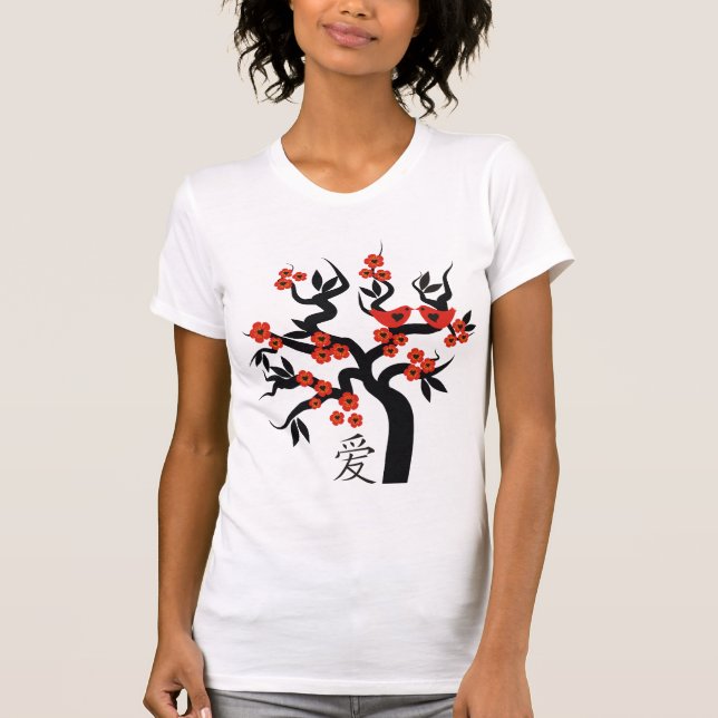 Red love Birds On Sakura Tree Chinese Love Symbol T-Shirt (Front)