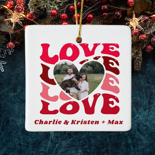 Red Love Custom Couple Names & Photo Heart Ceramic Ornament (Red Love Custom Couple Names & Photo Heart Ceramic Ornament
)
